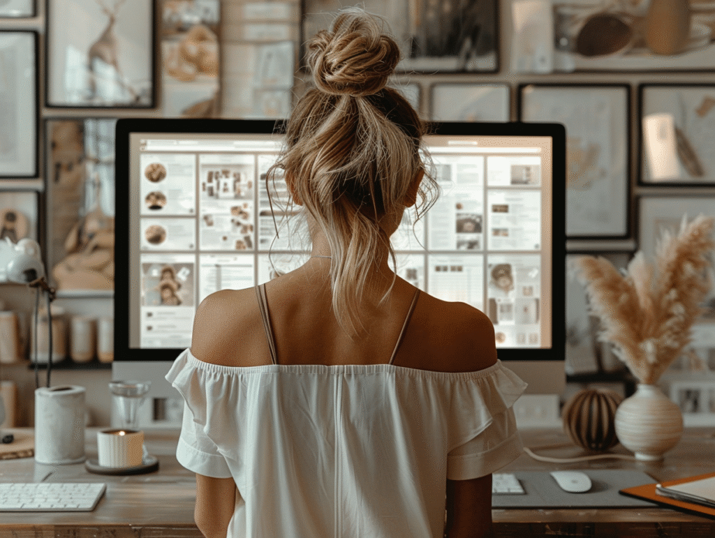 A woman with a messy bun sits at a desk facing a large computer monitor, working in a home office decorated with framed pictures and neutral-toned decor.