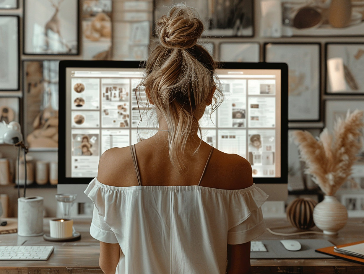 A woman with a messy bun sits at a desk facing a large computer monitor, working in a home office decorated with framed pictures and neutral-toned decor.