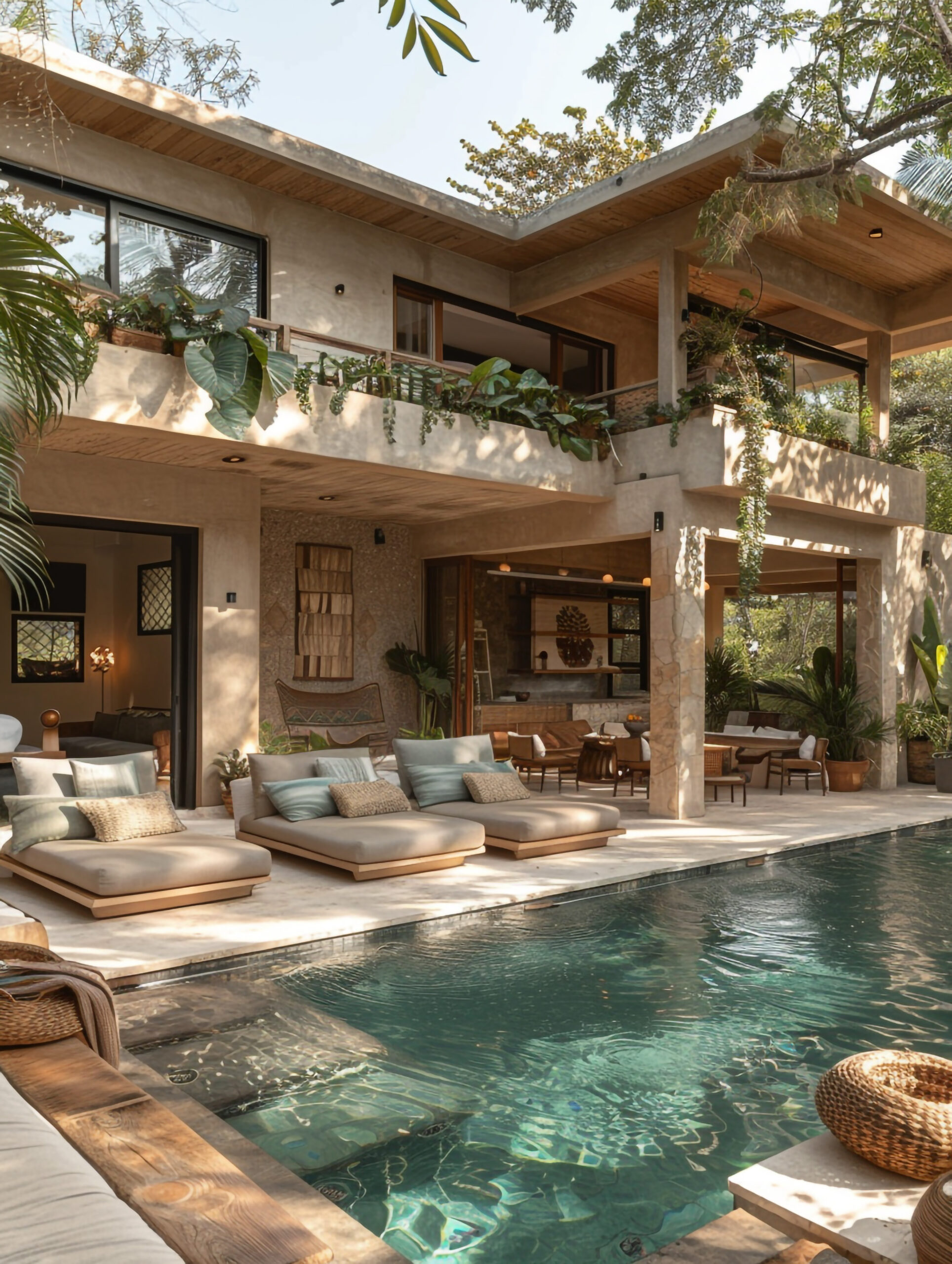 Modern two-story house with large windows, balcony, and patio overlooking a pool; surrounded by tropical plants and outdoor lounge furniture.