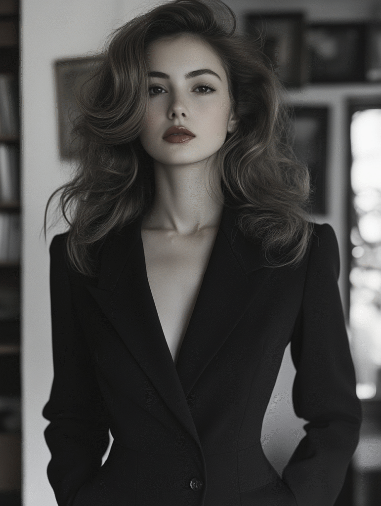 A woman with wavy hair wearing a dark blazer stands indoors, facing the camera with a neutral expression.