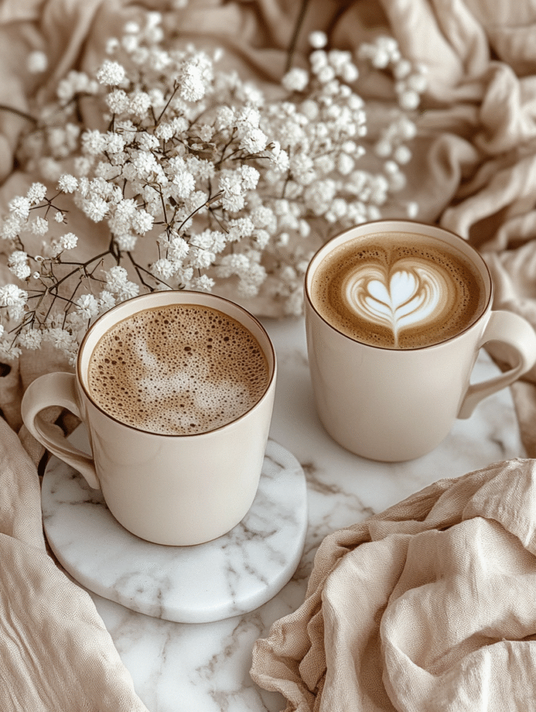 Two beige mugs, one with frothy coffee and the other with latte art, sit on a marble coaster with white flowers and beige fabric around them.
