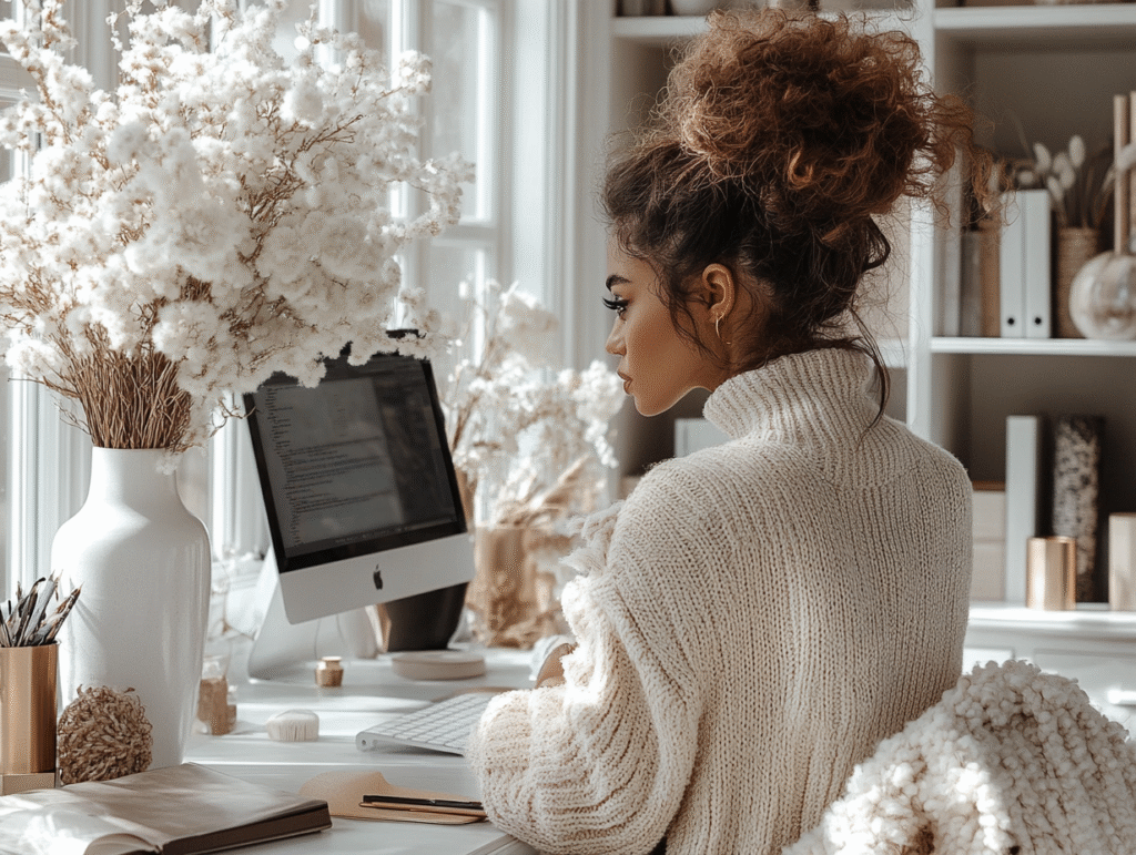 A woman wearing a chunky knit sweater works at a desktop computer in a bright, modern home office decorated with white flowers and neutral-toned decor.