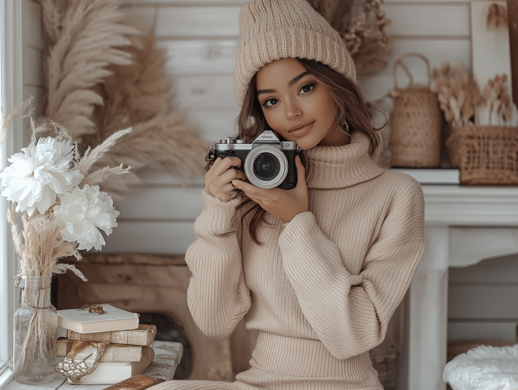 A woman in a beige sweater and knit hat sits indoors, holding a camera and smiling, surrounded by neutral-toned decor and dried flowers.