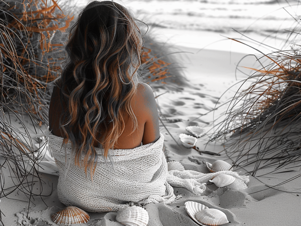 A woman with long wavy hair sits on sandy beach surrounded by seashells and dune grass, wrapped in a white blanket, facing the ocean.