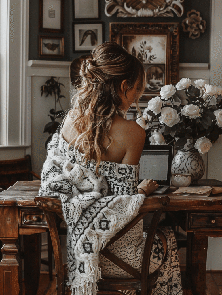 A woman with wavy hair, wrapped in a patterned blanket, sits at a wooden table using a laptop in a room decorated with framed art and white flowers.