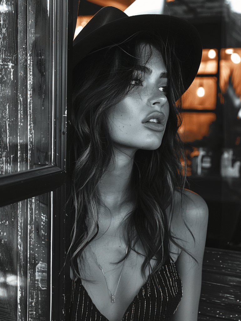 A woman wearing a hat and necklace stands by a window, looking outside. The photo is in black and white with blurred indoor lights in the background.