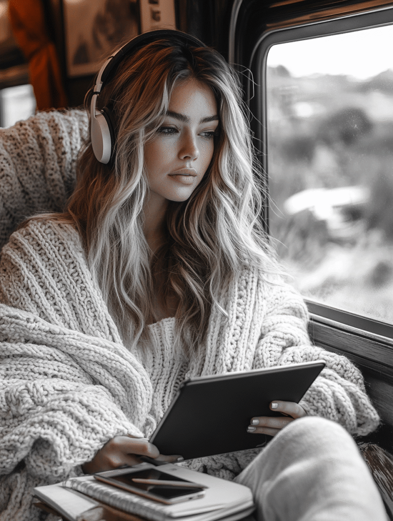 A woman wearing headphones and a chunky sweater sits by a train window, holding a tablet and notebook, with a phone beside her.