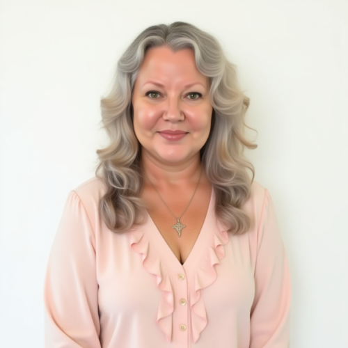 A woman with wavy gray hair, wearing a light pink ruffled blouse and a necklace, stands against a plain white background, smiling at the camera.