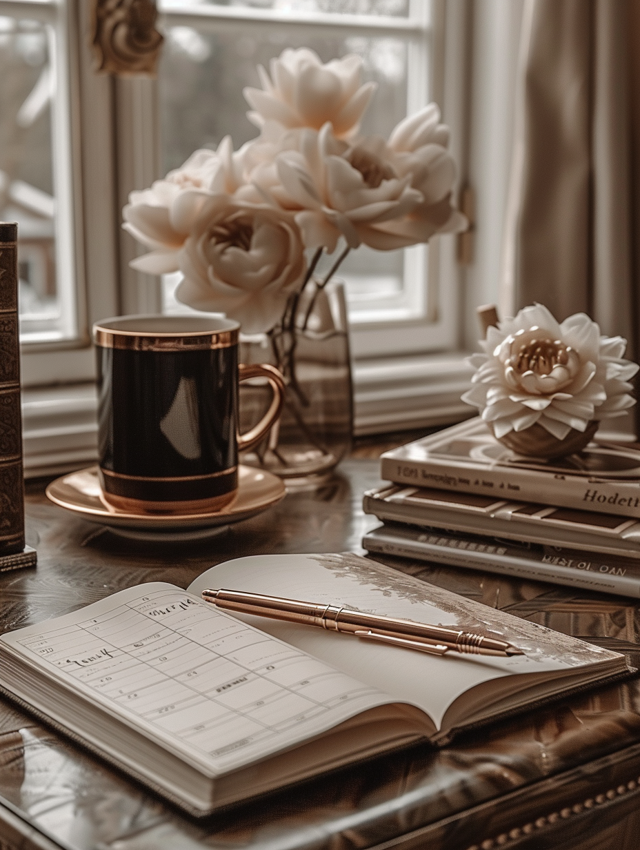 An open planner with a pen rests on a desk beside a coffee cup, stacked books, and vases of white flowers near a window.