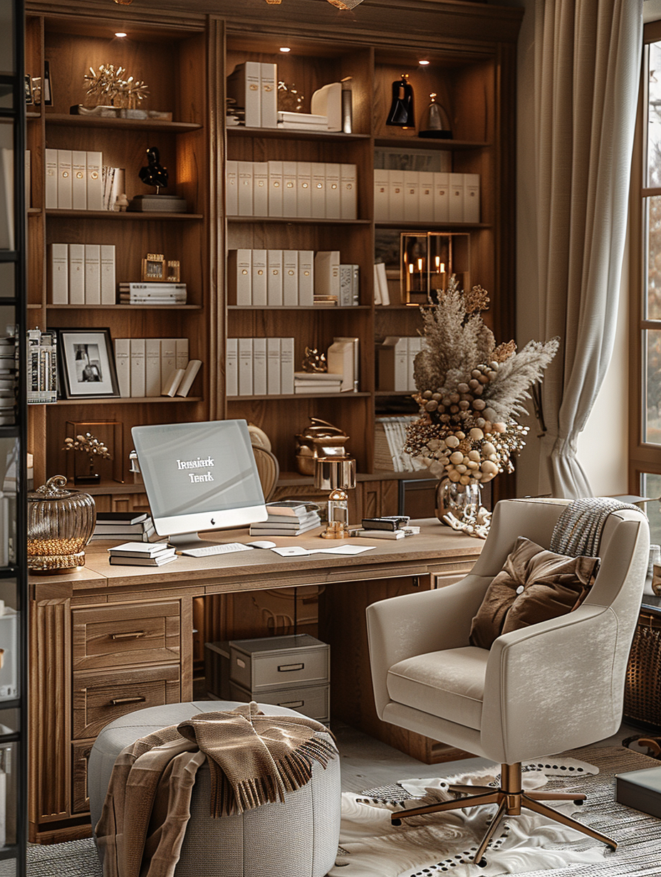 A neatly organized home office with wooden shelves full of books and decor, a computer on the desk, a cozy chair, and dried floral arrangements by the window.