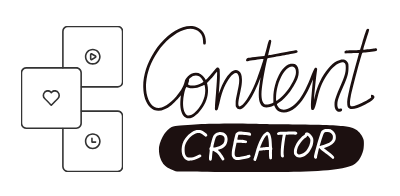 Line art illustration with the words "Content Creator" and icons of a heart, a play button, and a clock on squares, representing digital content creation.