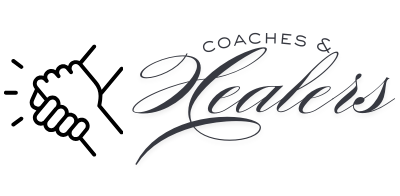 A line drawing of two hands clasped in a handshake next to the words "Coaches & Healers" in elegant script font.