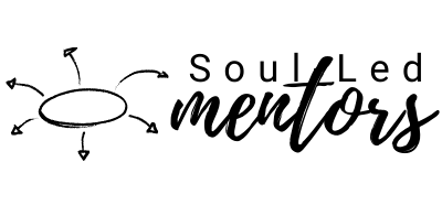 Black and white logo with the text "Soul Led mentors" and a circular shape with arrows pointing outward on the left side.