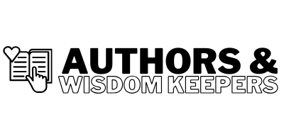 Logo with an icon of a hand pointing to a book with a heart, next to the words "AUTHORS & WISDOM KEEPERS" in bold and outlined black text.