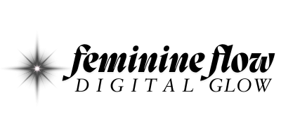 Logo with the text "feminine flow DIGITAL GLOW" in black stylized font, accompanied by a starburst design on the left.
