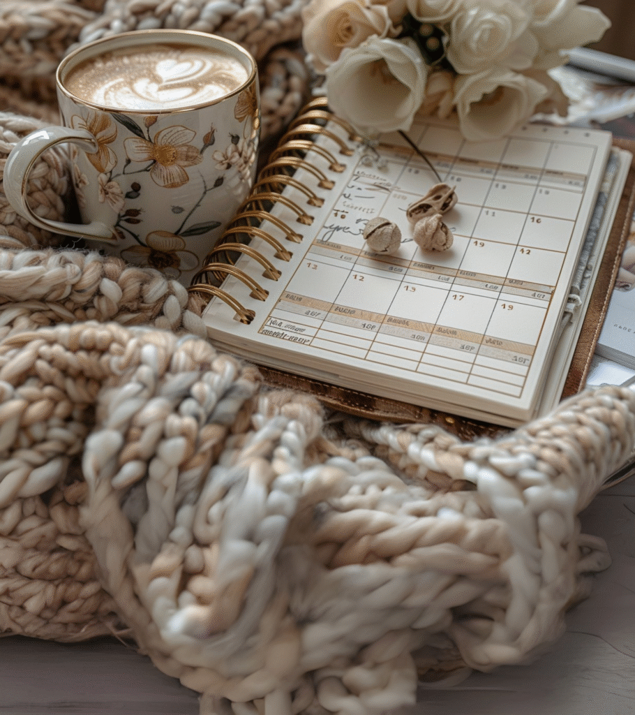 A mug of coffee, a spiral-bound calendar planner, and white flowers rest on a chunky knit blanket.