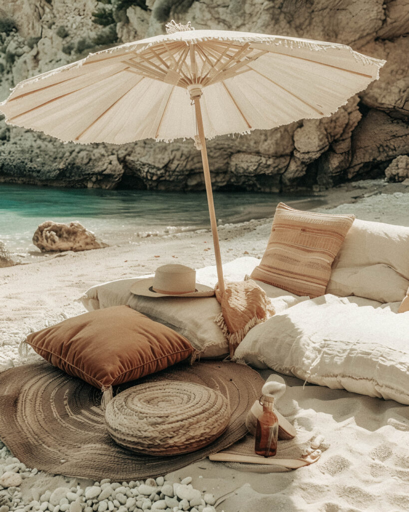 A beach setup with pillows, a woven mat, a sun hat, sunscreen, and a large umbrella on sandy ground near clear blue water and rocky cliffs.