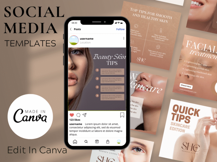 A smartphone displays a beauty skincare tips post on Instagram, surrounded by various social media skincare template designs, with "Made in Canva" text on the side.