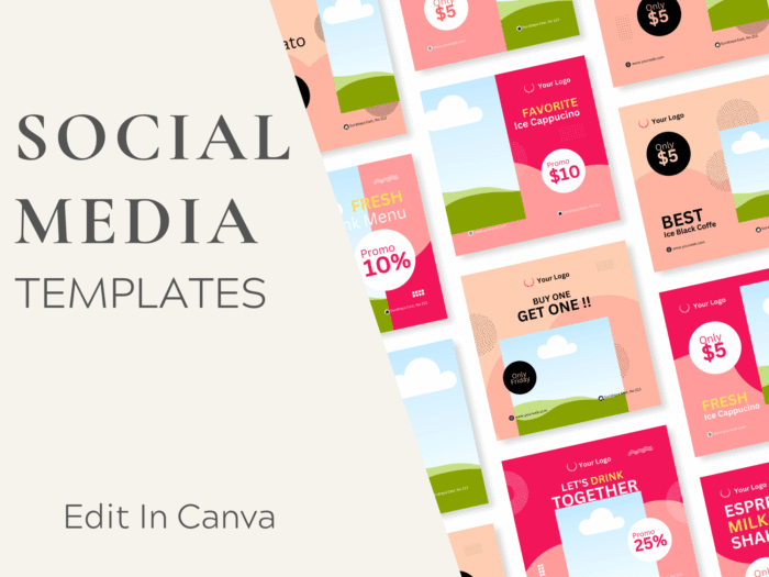 A collection of colorful social media templates with promotional offers and placeholders for text and images, displayed in a grid layout. Text reads "Social Media Templates, Edit in Canva.
