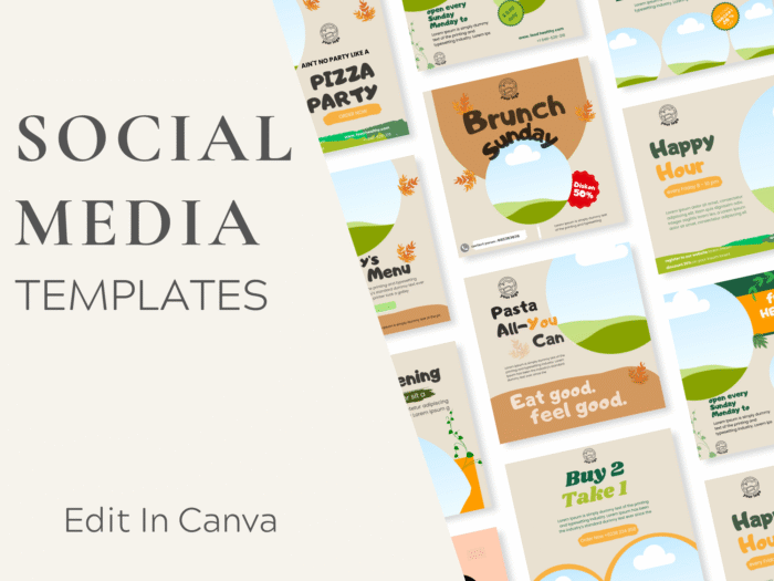 A display of various food-themed social media templates, shown alongside a beige panel with the text "SOCIAL MEDIA TEMPLATES Edit In Canva.