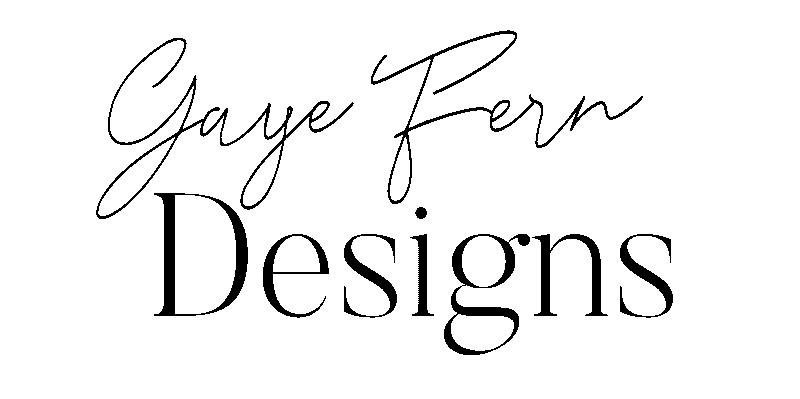 The image displays the text "Gaye Fern Designs" in two different fonts: a cursive script for "Gaye Fern" and a serif font for "Designs," on a light background.